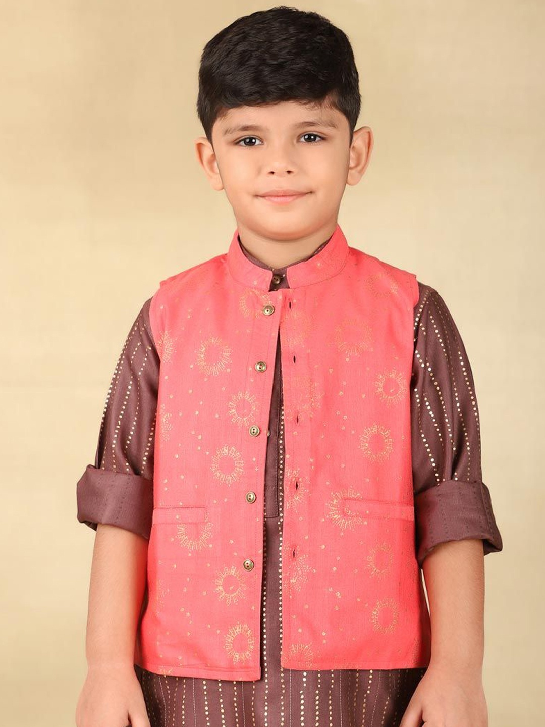 

Fabindia Boys Printed Woven Nehru Jackets, Pink