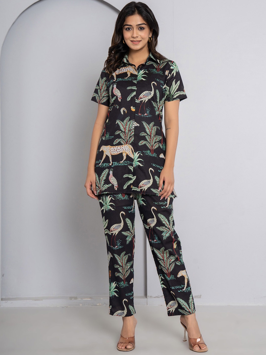 

JAIPURI BUNAAI Printed Pure Cotton Tunic & Trousers, Charcoal