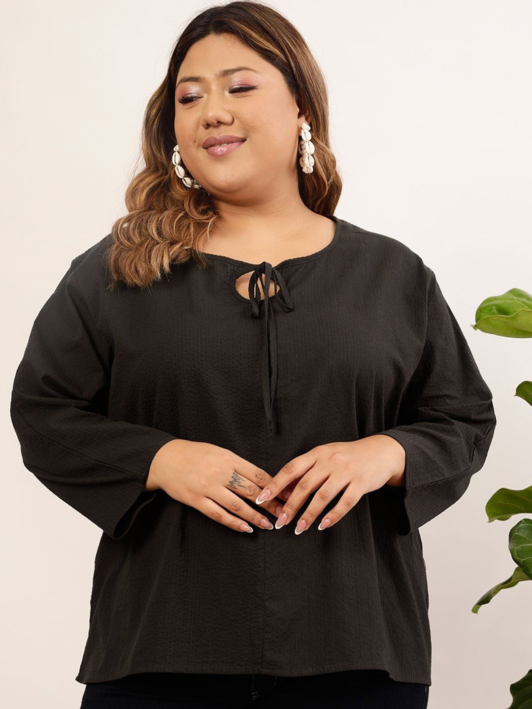 

CURVY STREET Women Solid Tie-Up Neck Top, Black