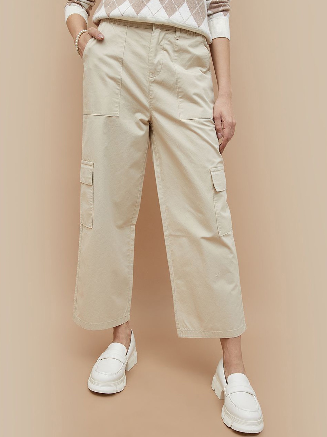 

Fame Forever by Lifestyle Women Solid Cargos Trousers, Beige