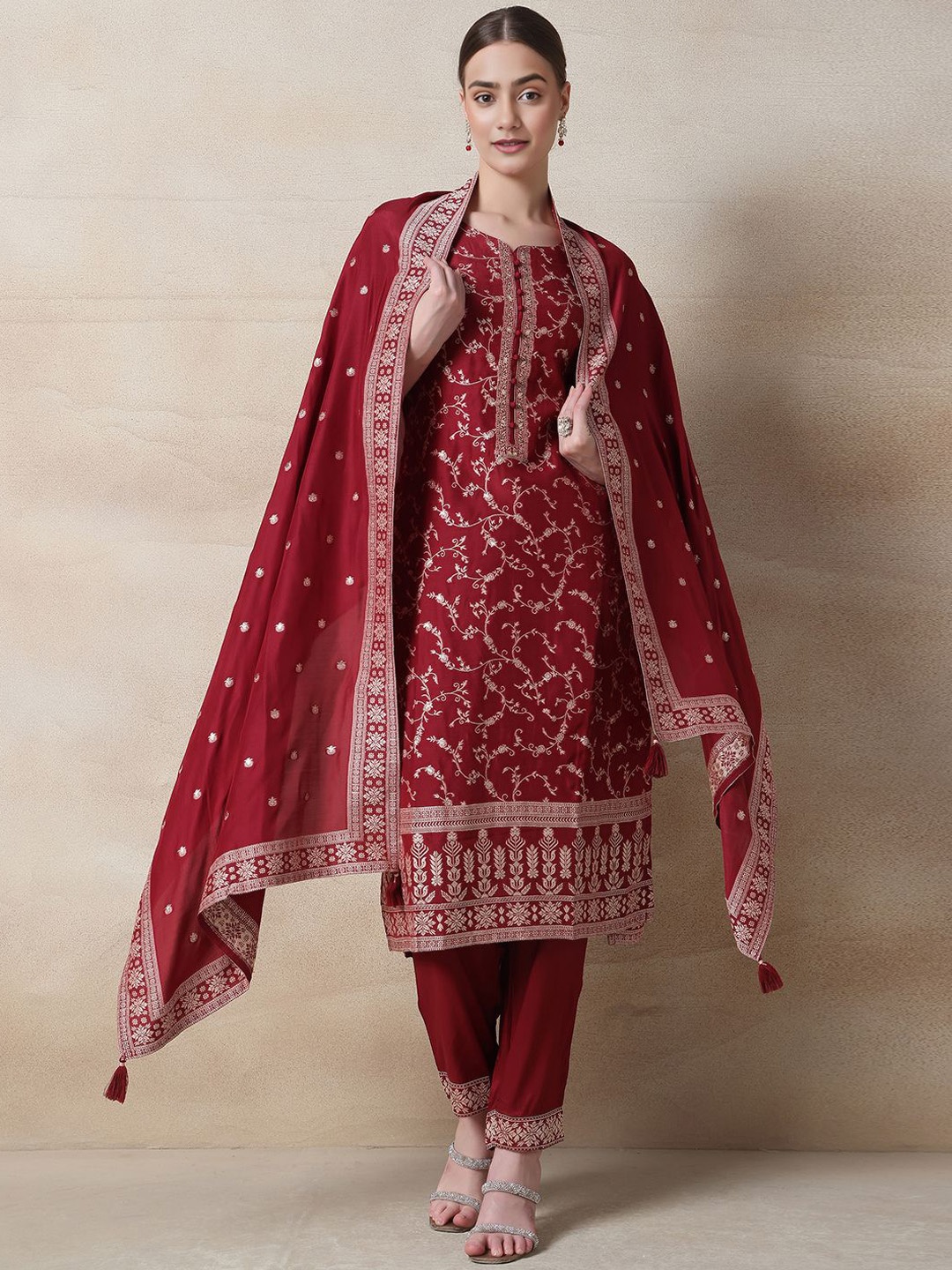 

Rang by Indya Floral Woven Design Straight Kurta with Trousers & Dupatta, Red