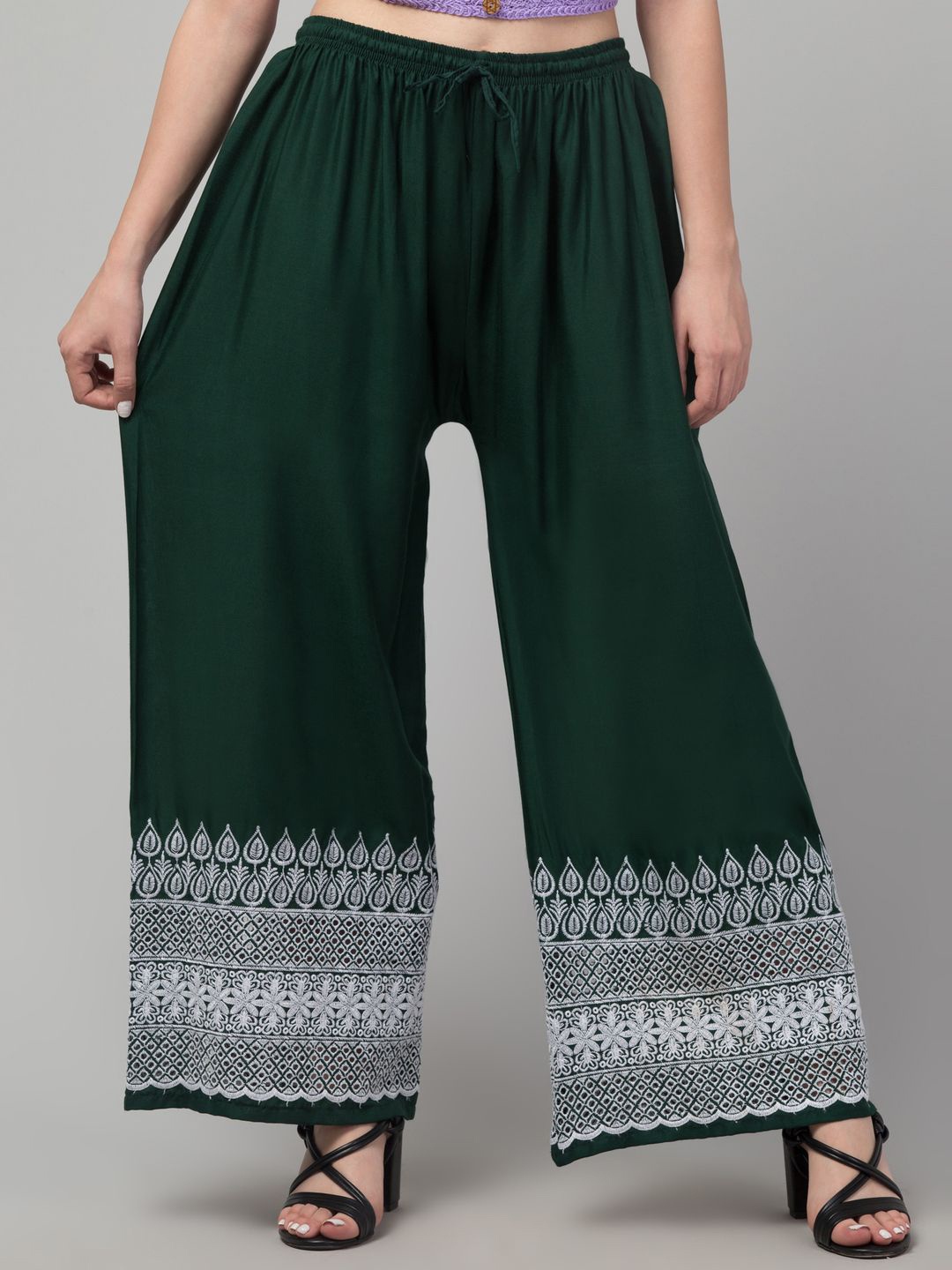 

FAMBEE Women Embroidered Flared Knitted Palazzos, Green
