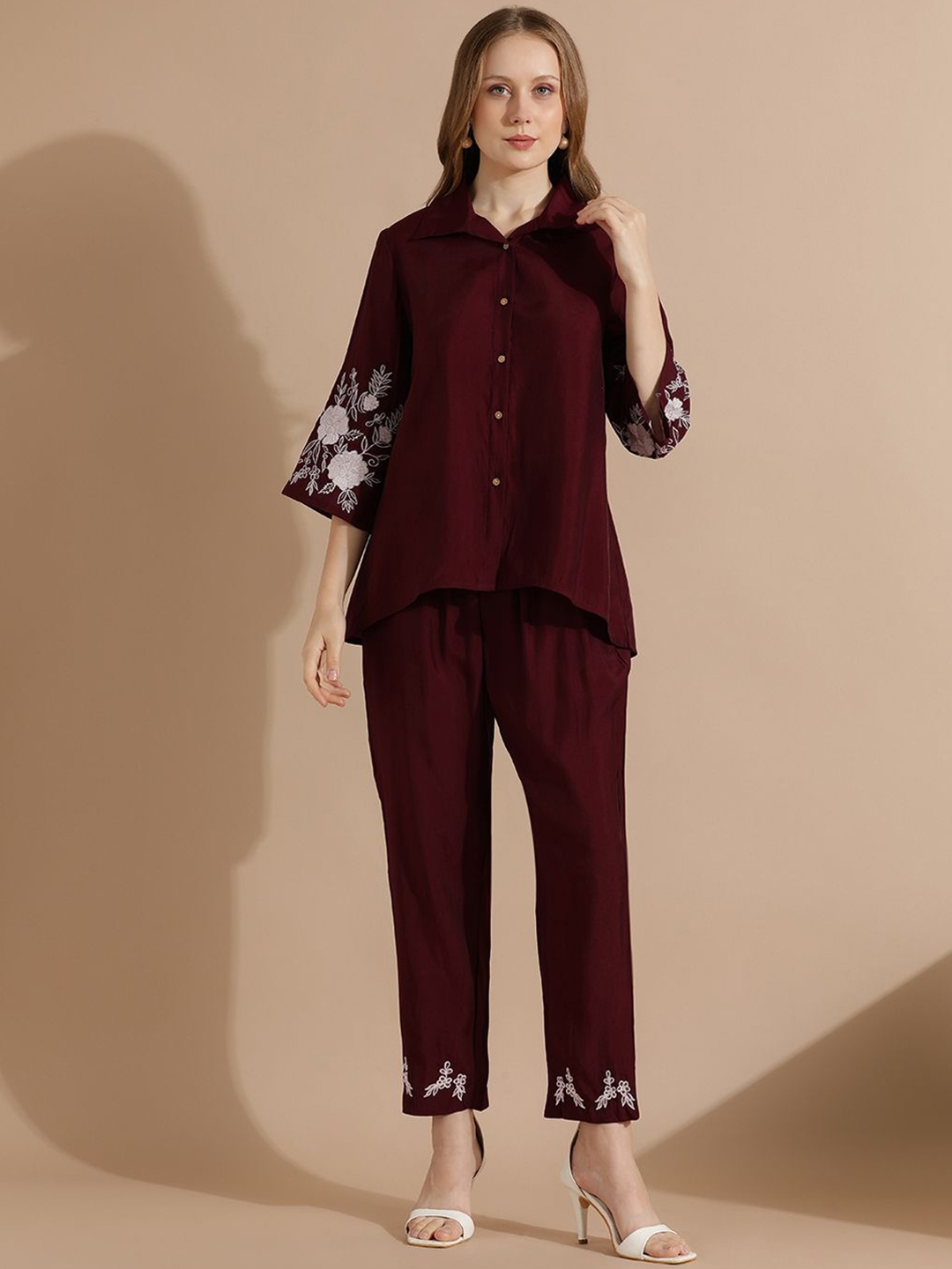 

STYLEBAAZI Embroidered Shirt With Trousers Co-Ords, Brown