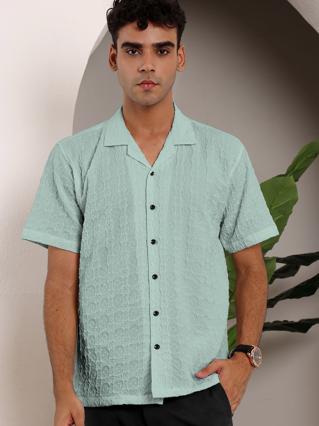 

Wuxi Men Relaxed Cuban Collar Textured Polycotton Casual Shirt, Sea green