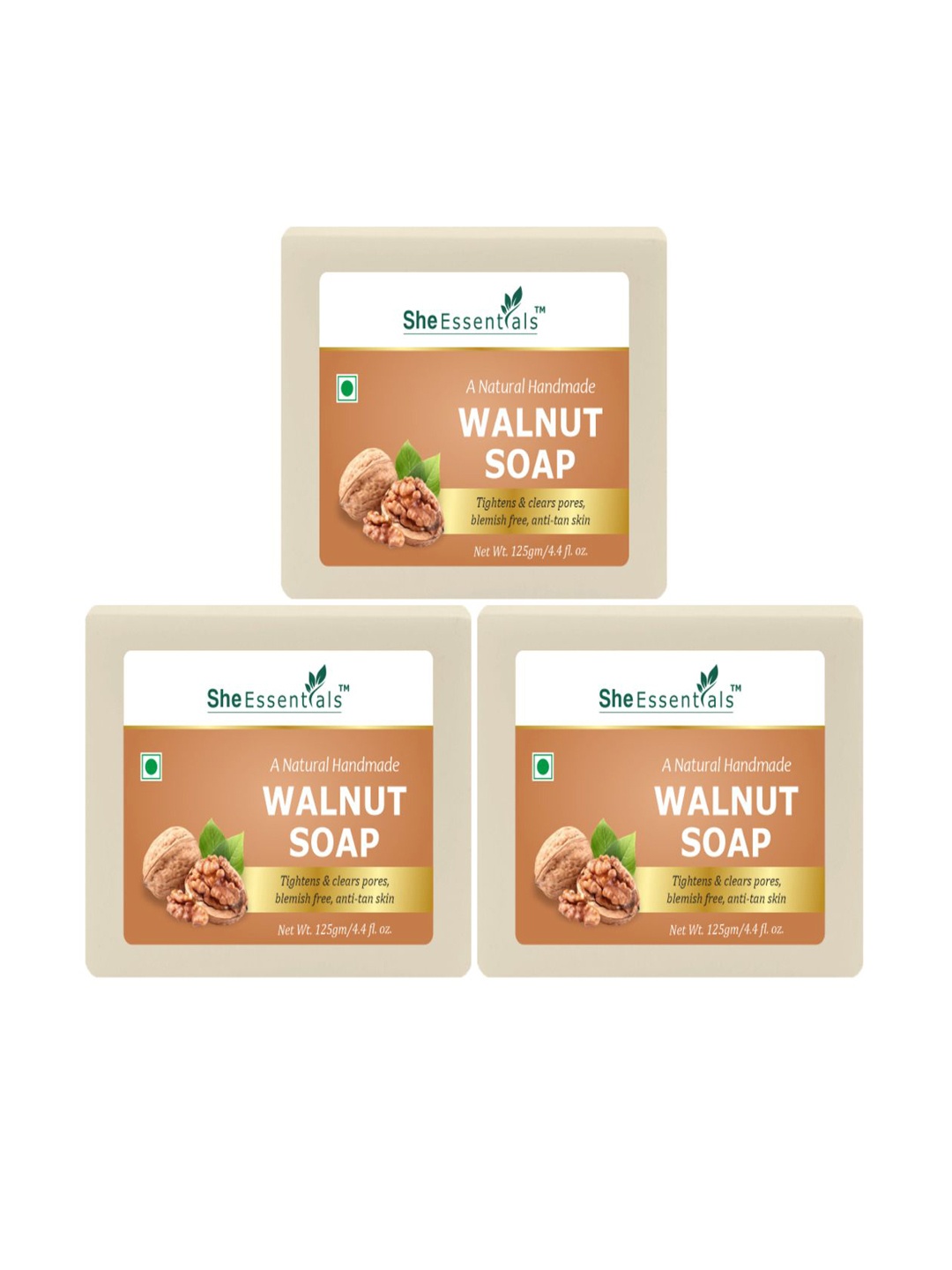 

She Essentials Set Of 3 Natural Walnut Bath Soap - 125 g Each, Transparent