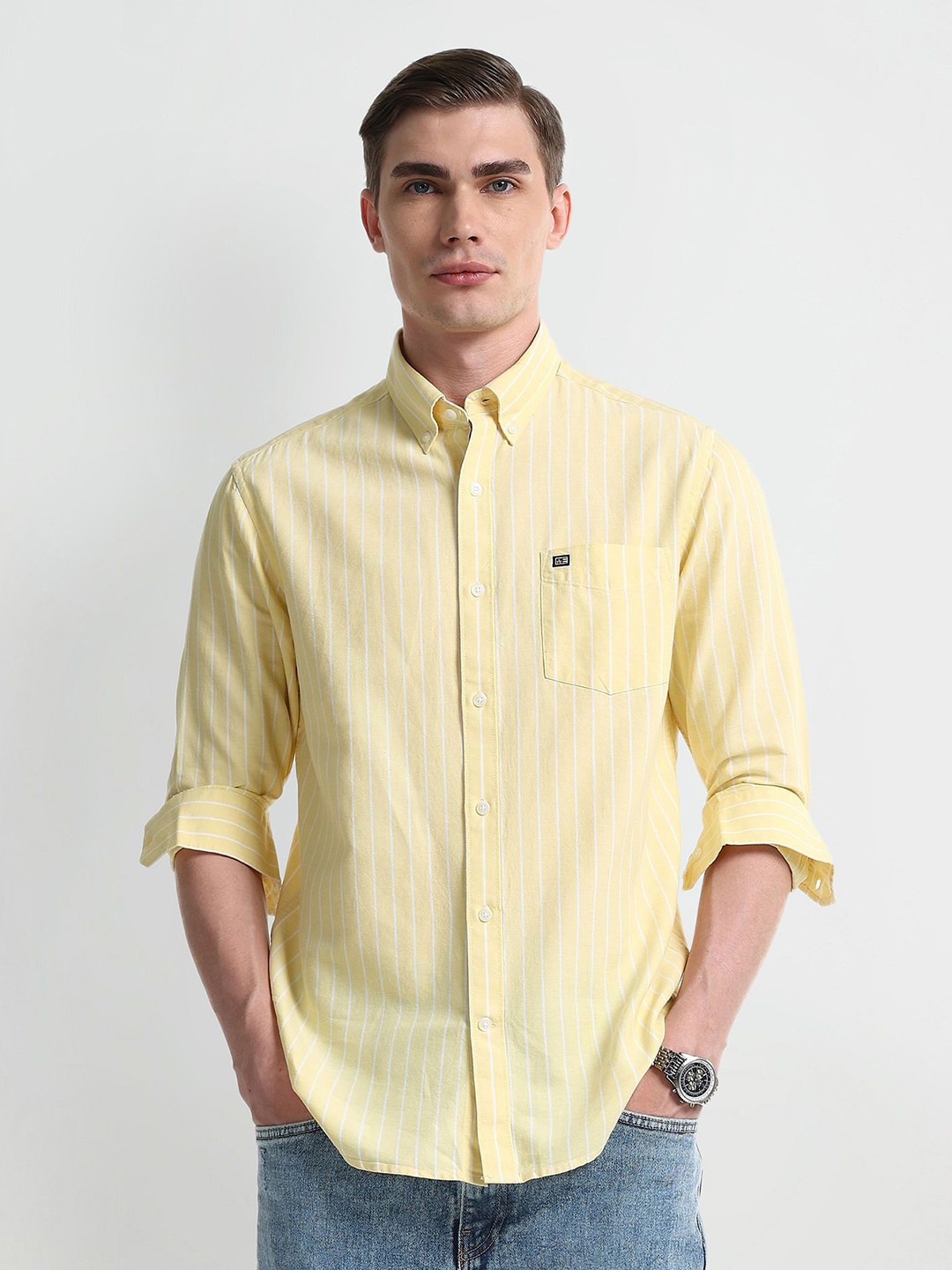 

Arrow Sport Men Slim Fit Opaque Striped Casual Shirt, Yellow