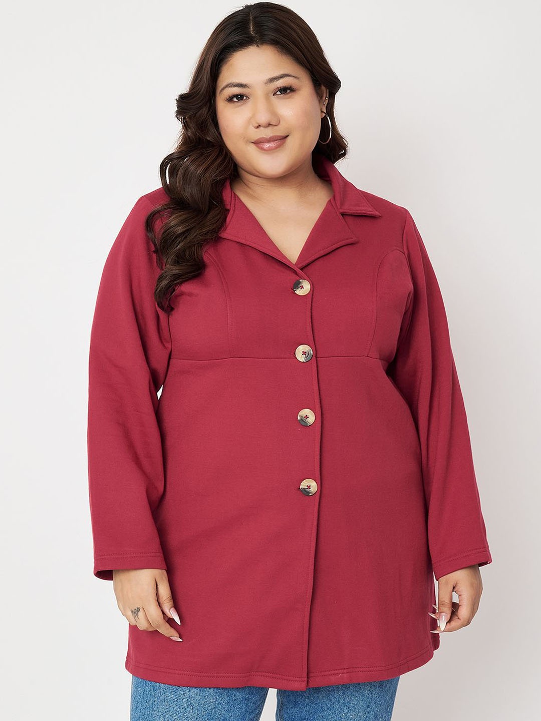 

BRINNS Women Plus Size Notched Lapel Collar Hip Length Overcoat, Maroon