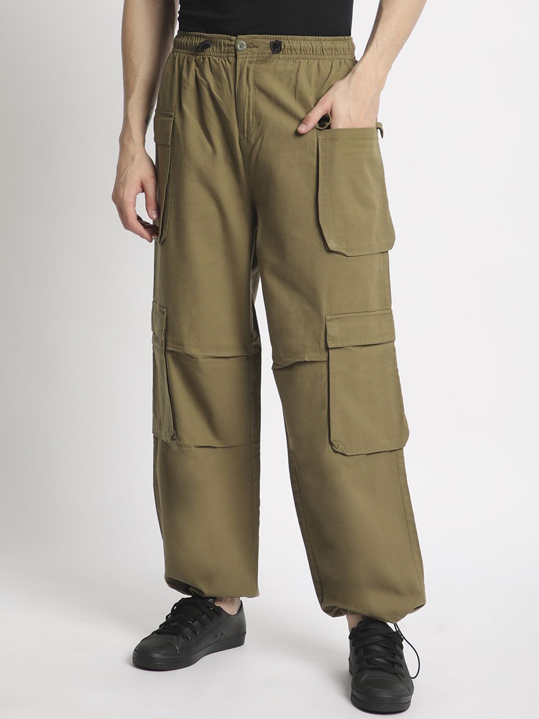 

Bene Kleed Men Cotton Relaxed Loose Fit Cargos Parachute Trousers, Olive