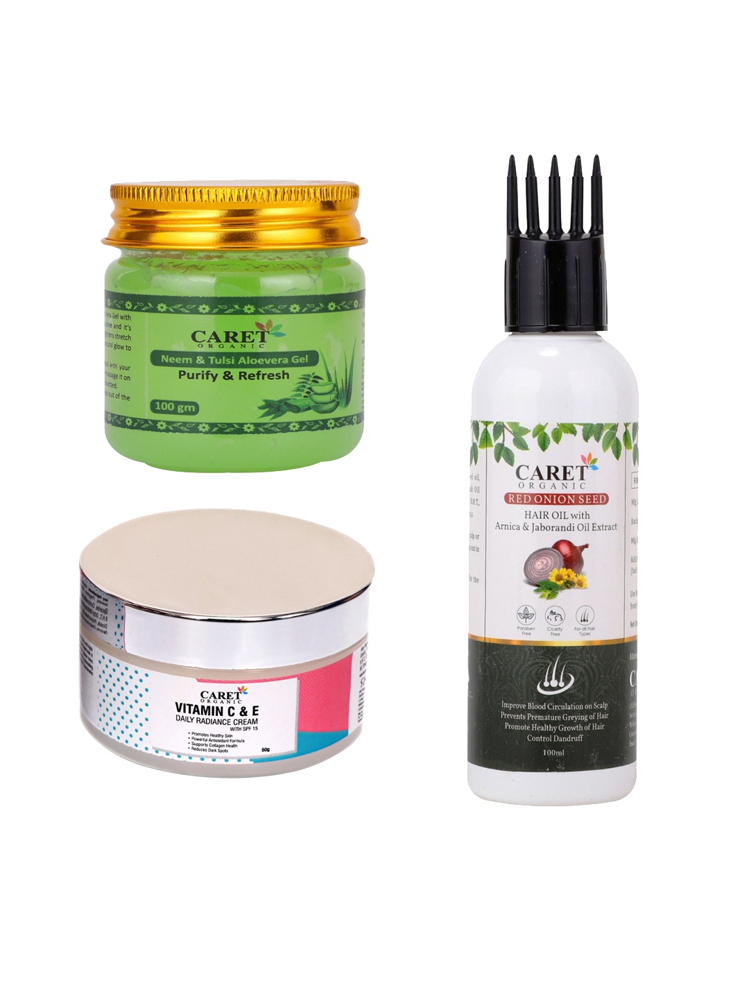 

CARET ORGANIC Set Of 3 Aloevera Gel - 100 g & Daily Radiance Cream-50 g & Hair Oil -100 ml, White