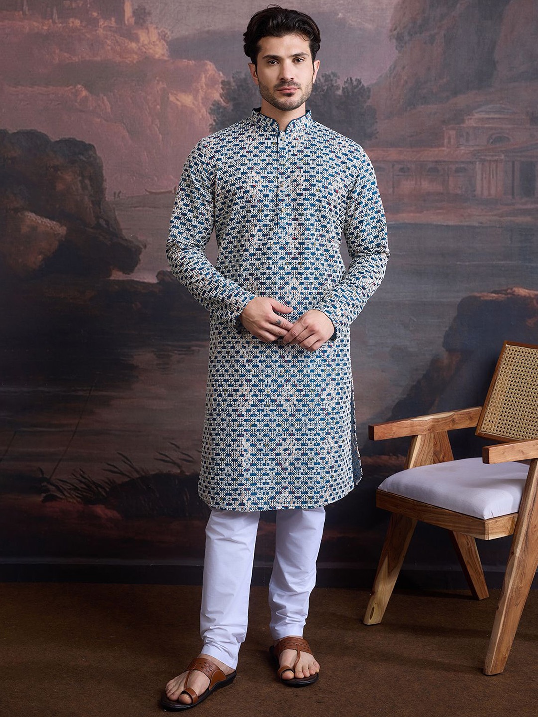 

House of Pataudi Embroidered Mandarin Collar Thread Work Cotton Straight Kurta, Blue