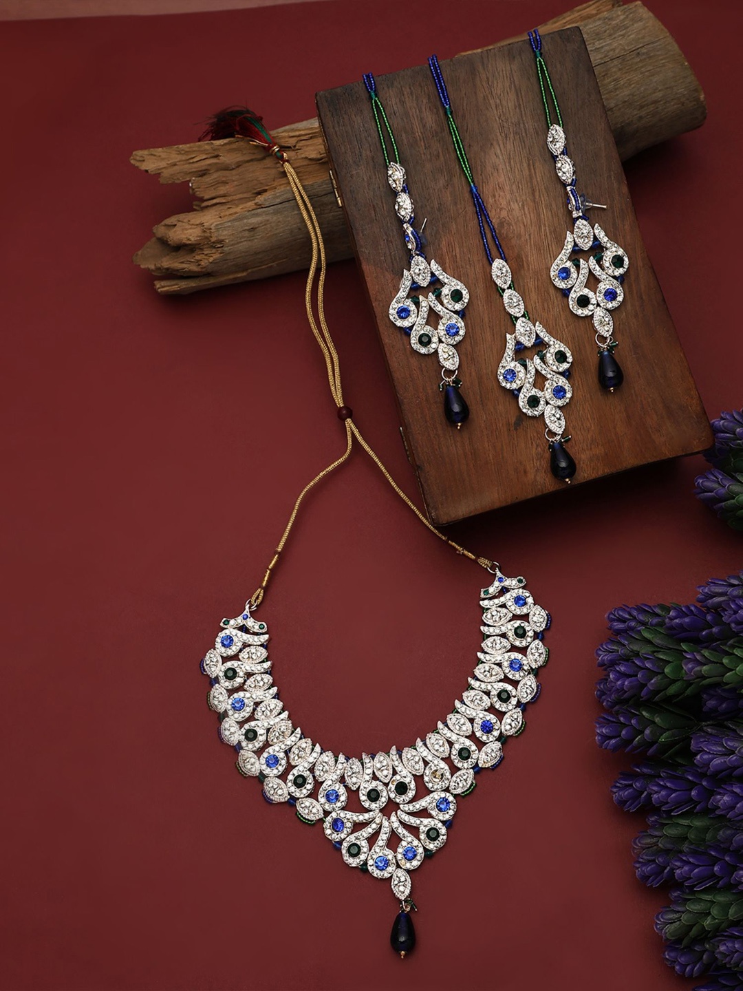 

ANIKAS CREATION Sliver-Plated Stone-Studded & Beaded Necklace & Earrings With Maang Tika, Silver