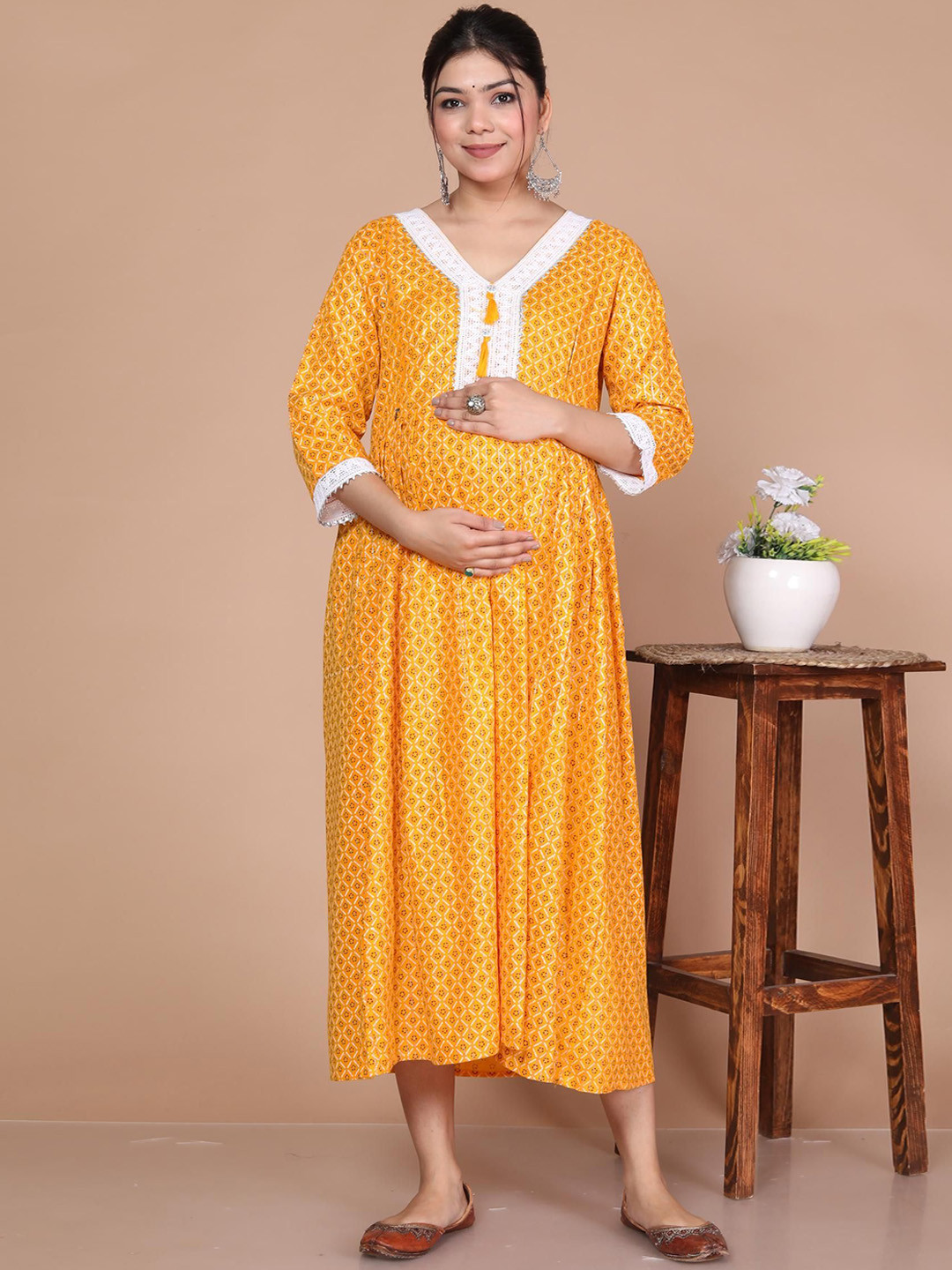 

ANTU KURTIES Geometric Printed V-Neck Three-Quarter Sleeves Viscose Rayon Ethnic Dress, Yellow