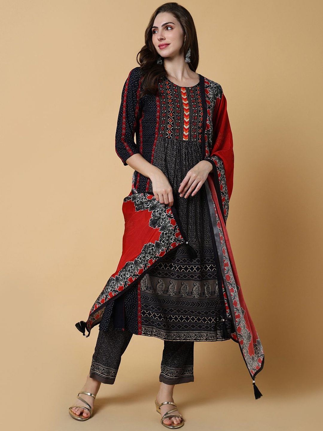 

SHOWOFF Ethnic Motifs Printed Empire A Line Kurta with Trousers & Dupatta, Navy blue