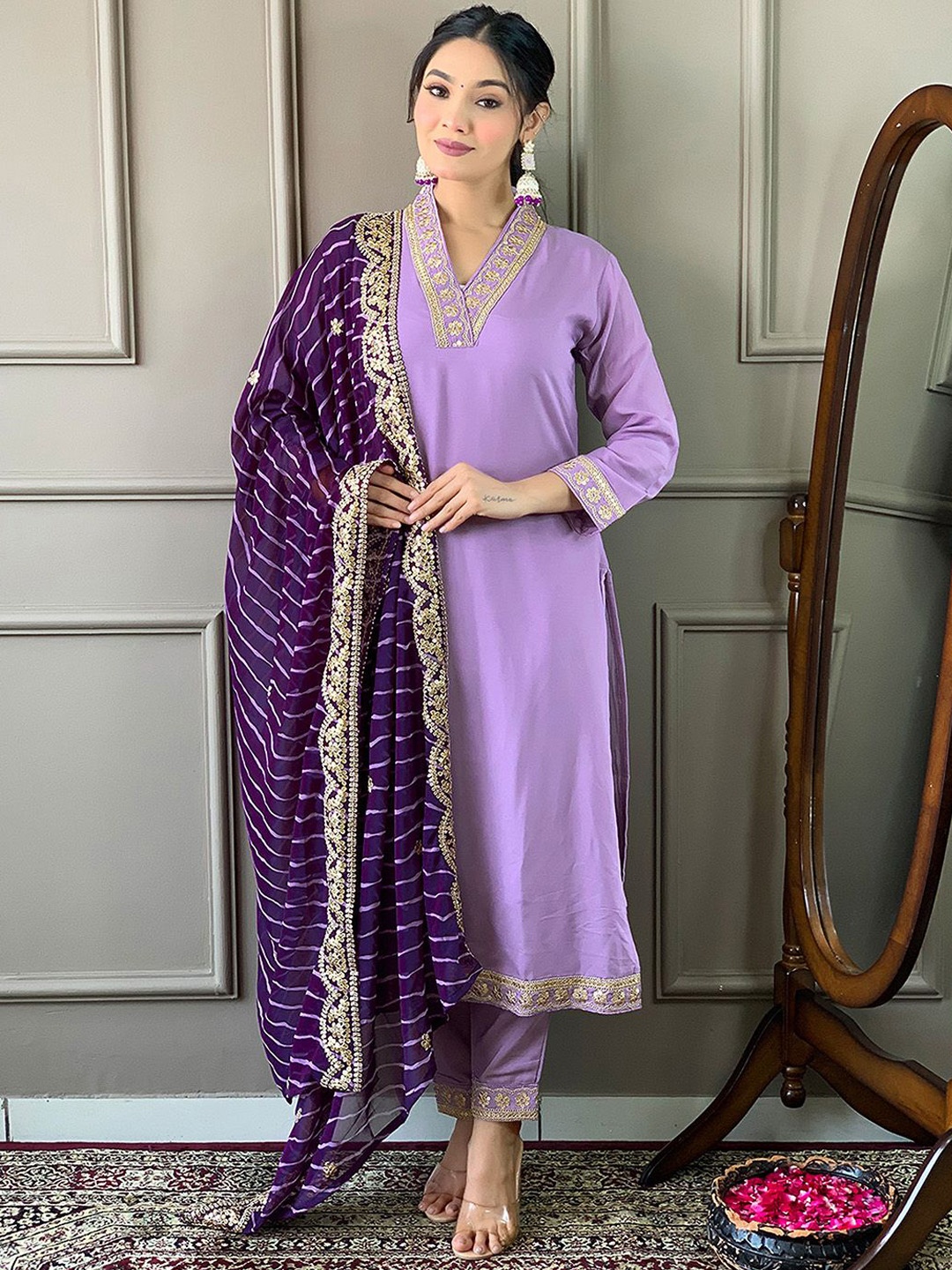 

Ishin Floral Embroidered Thread Work Kurta with Trousers & Dupatta, Purple