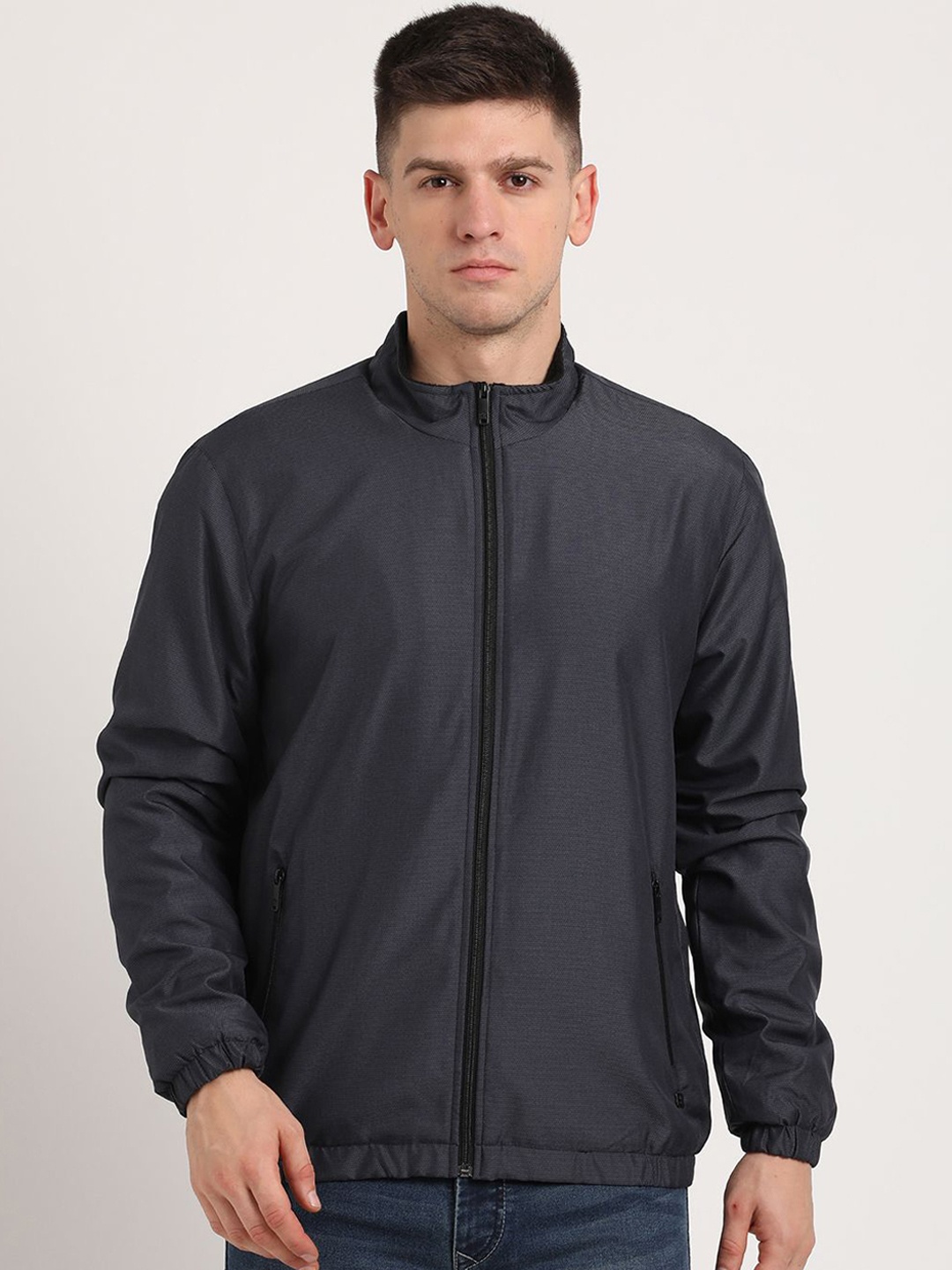 

Turtle Men Geometric Windcheater and Water Resistant Open Front Jacket, Navy blue