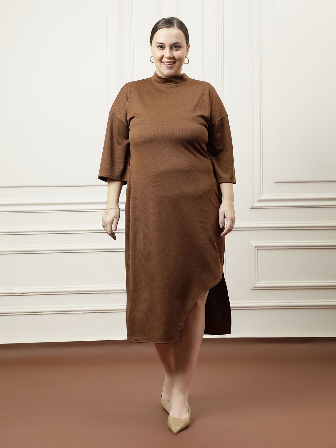 

Athena Ample Bell Sleeve A-Line Midi Dress, Brown