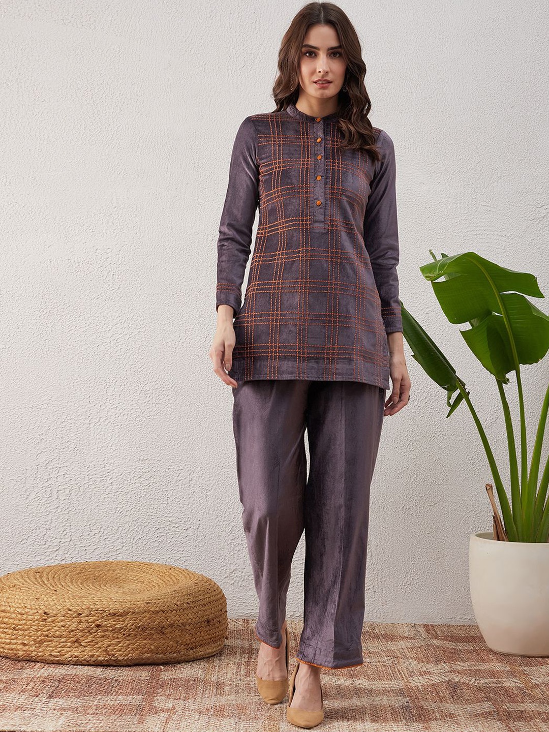 

STADO Embroidered Linen Tunic With Trousers, Grey