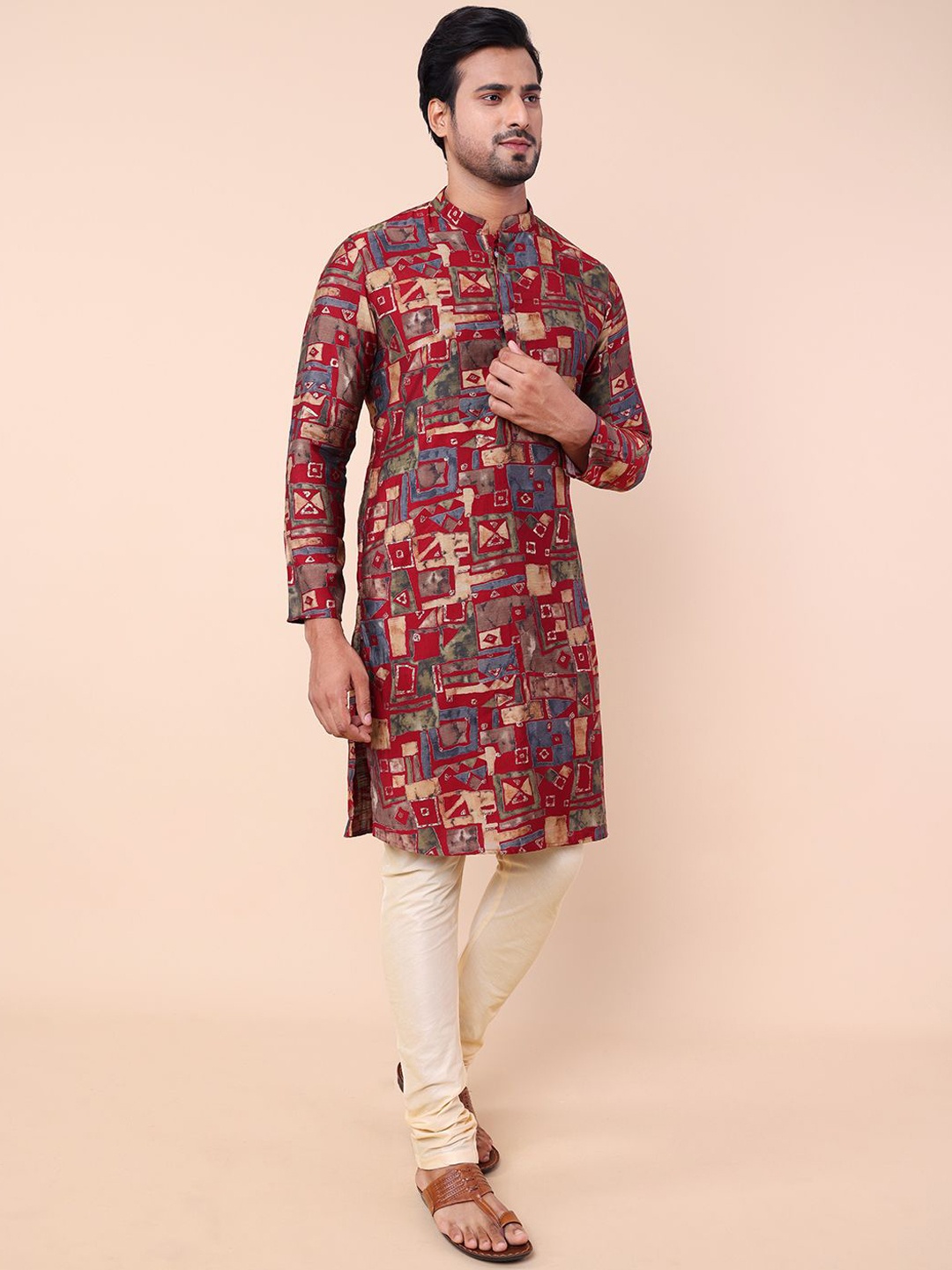 

NAMASKAR Geometric Printed Mandarin Collar Kurta with Pyjamas, Red