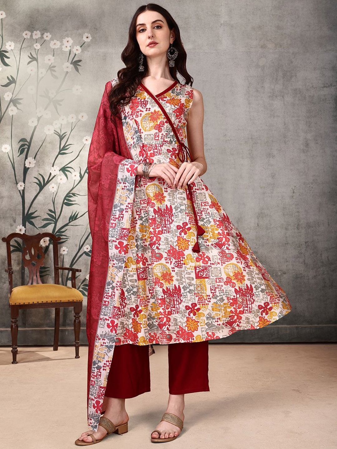 

KALINI Floral Printed Gotta Patti Angrakha Anarkali Kurta with Palazzos & Dupatta, Red