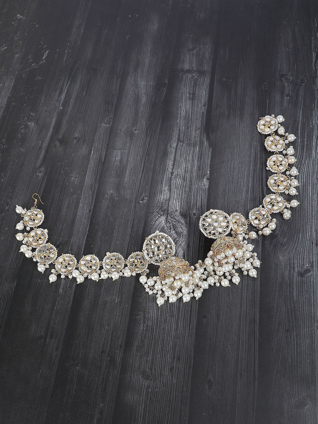 

AURAA TRENDS Gold Plated Pearls Dome Shape Jhumkas With Hair Chain