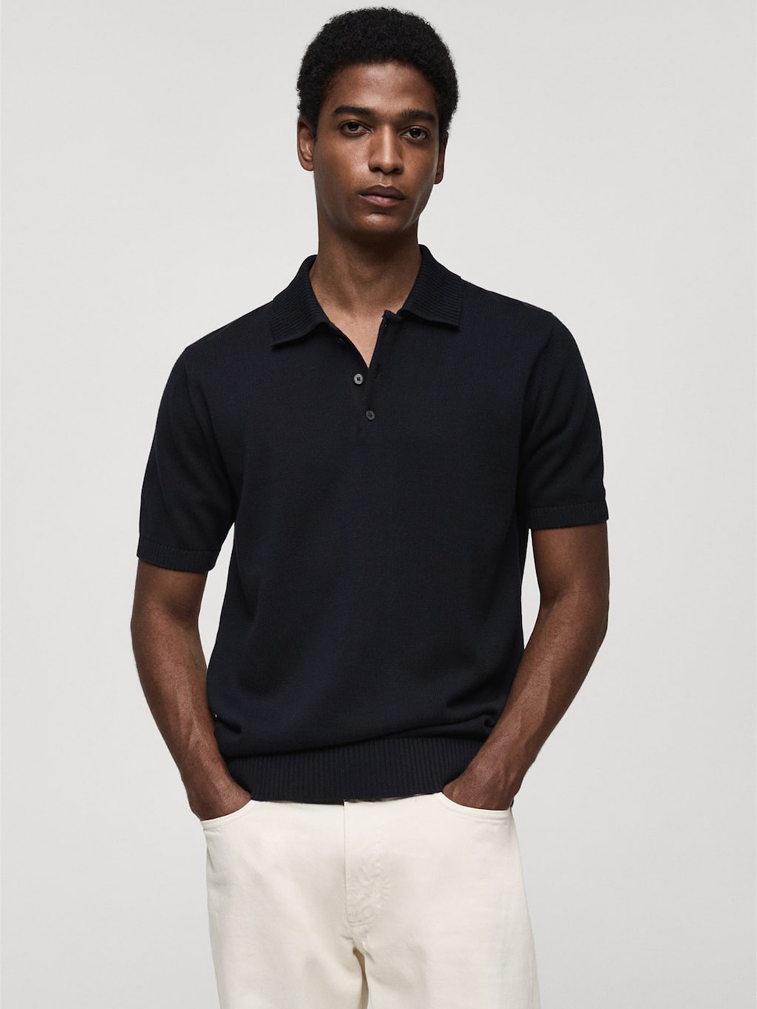 

MANGO MAN Fine Knit Pure Cotton Polo T-shirt, Navy blue