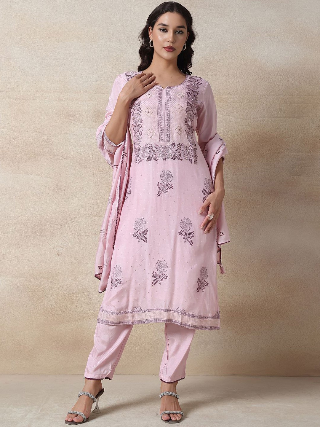

Rang by Indya Ethnic Motifs Straight Kurta with Trousers & With Dupatta, Pink