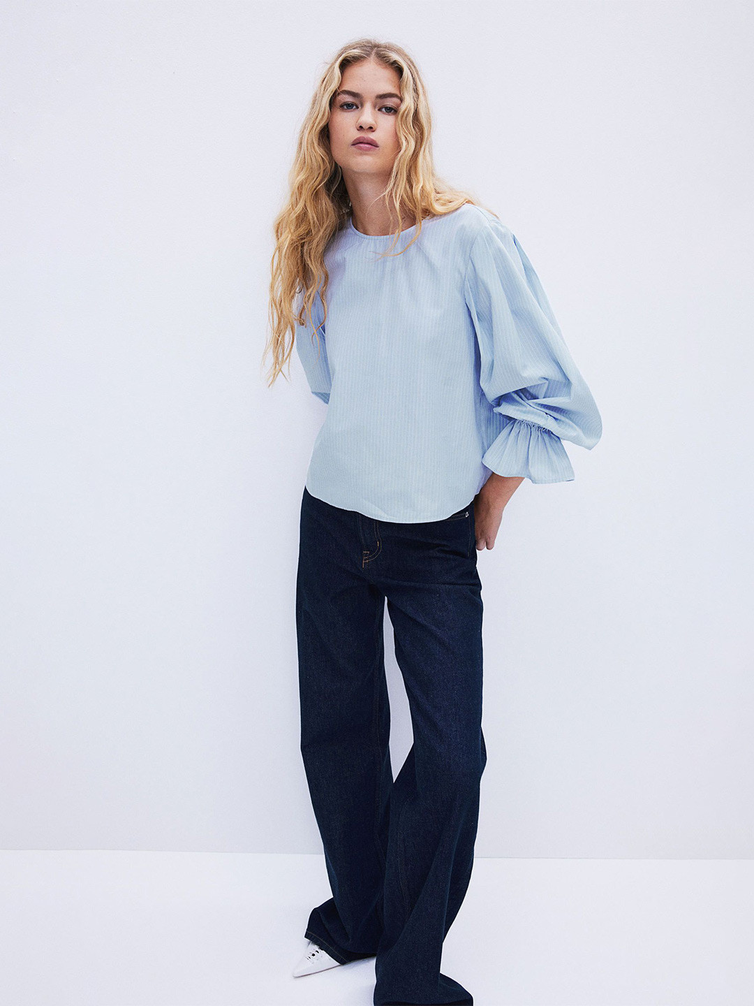 

H&M Striped Tie-Detail Pure Cotton Blouse, Blue