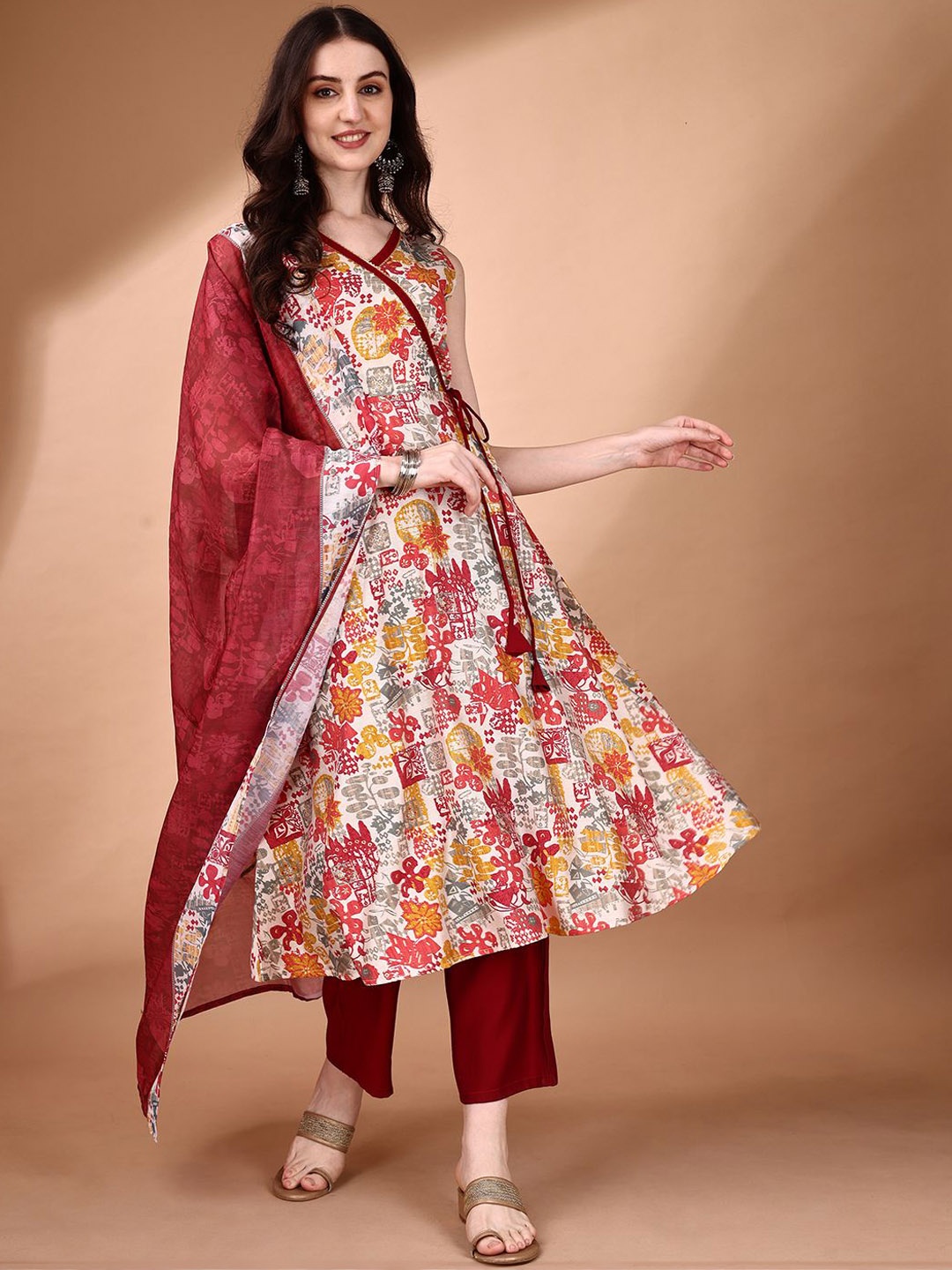 

KALINI Floral Printed Angrakha A-Line Kurta with Trousers & Dupatta, White