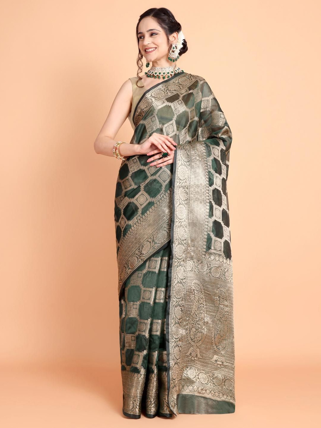 

Areca Designer Ethnic Motifs Zari Organza Banarasi Saree, Green