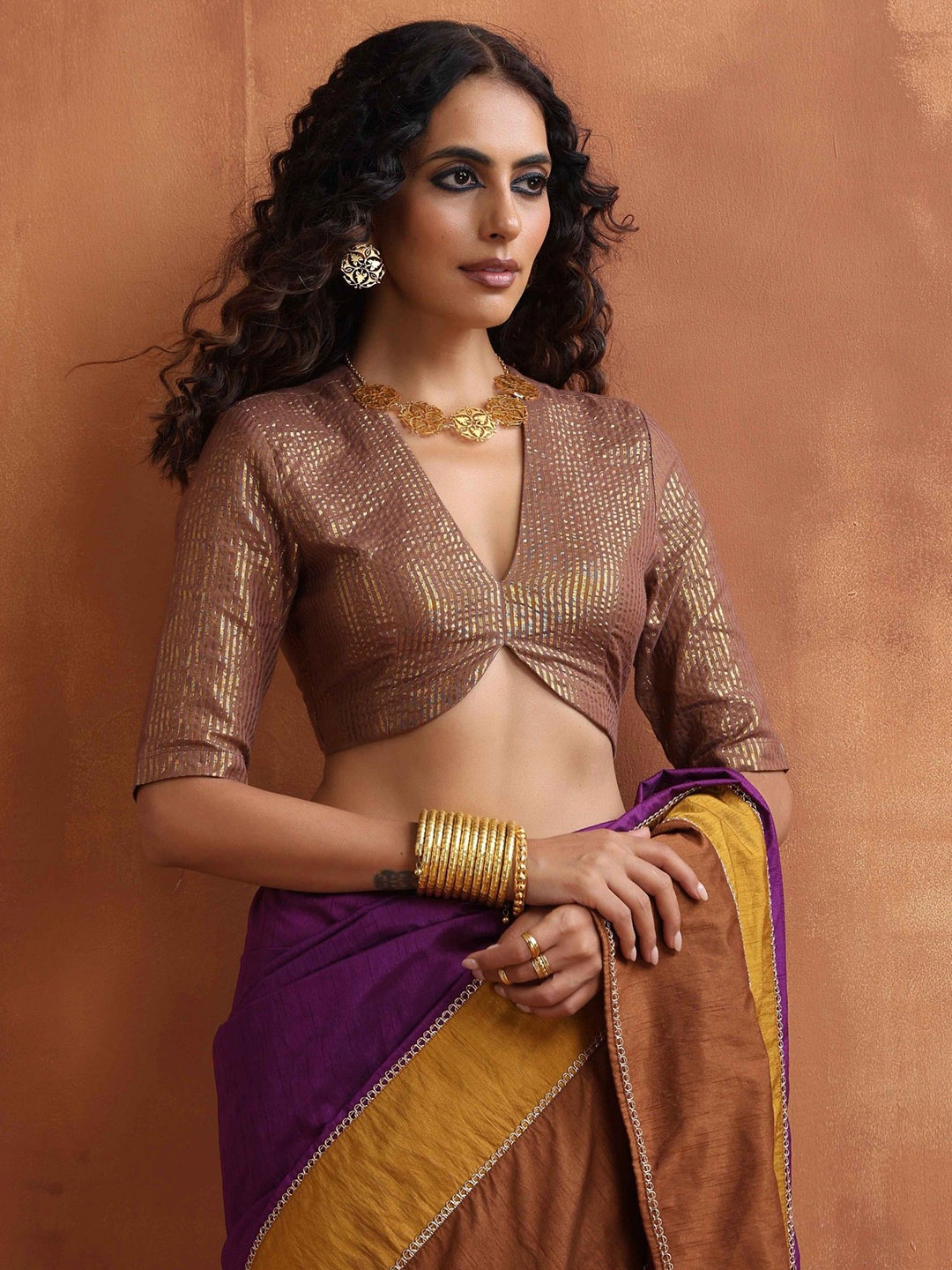 

trueBrowns Striped Woven Design Readymade Saree Blouse, Brown