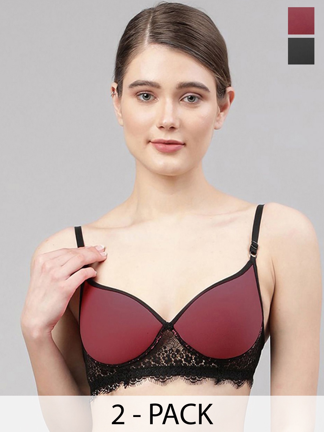 

AROUSY Pack Of 2 Women Lightly Padded Lingerie Set, Black