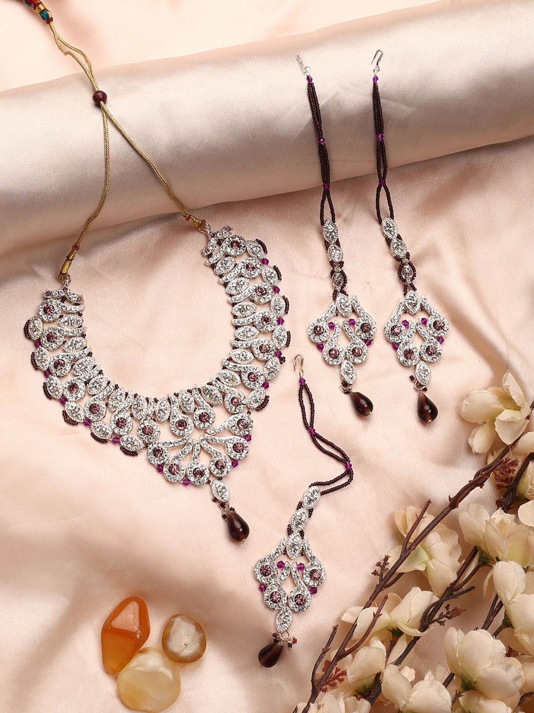 

ANIKAS CREATION Sliver-Plated Stone-Studded & Beaded Necklace & Earrings With Maang Tika, Silver