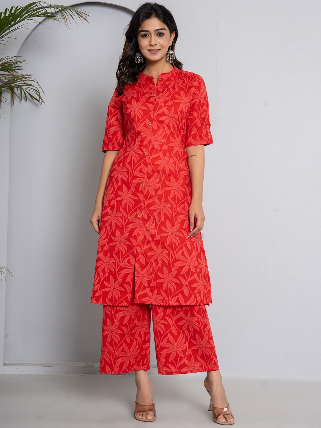 

JAIPURI BUNAAI Printed Pure Cotton Tunic & Trousers, Red