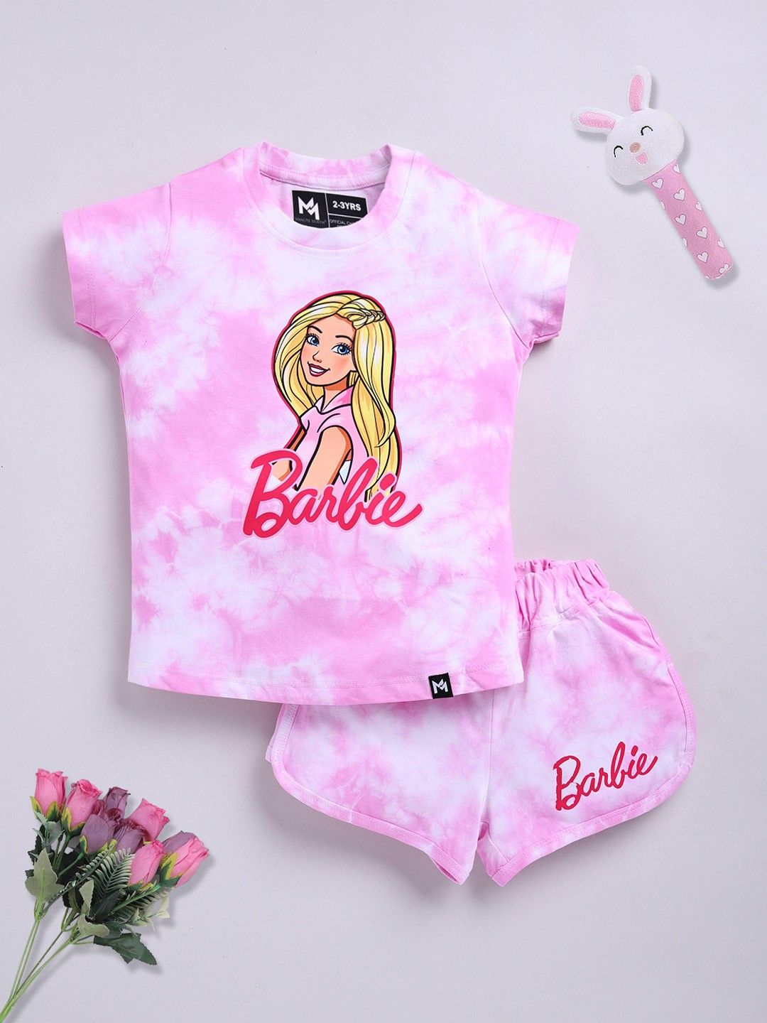 

YK X Minute Mirth Girls Barbie Printed Tshirt with Shorts, Pink
