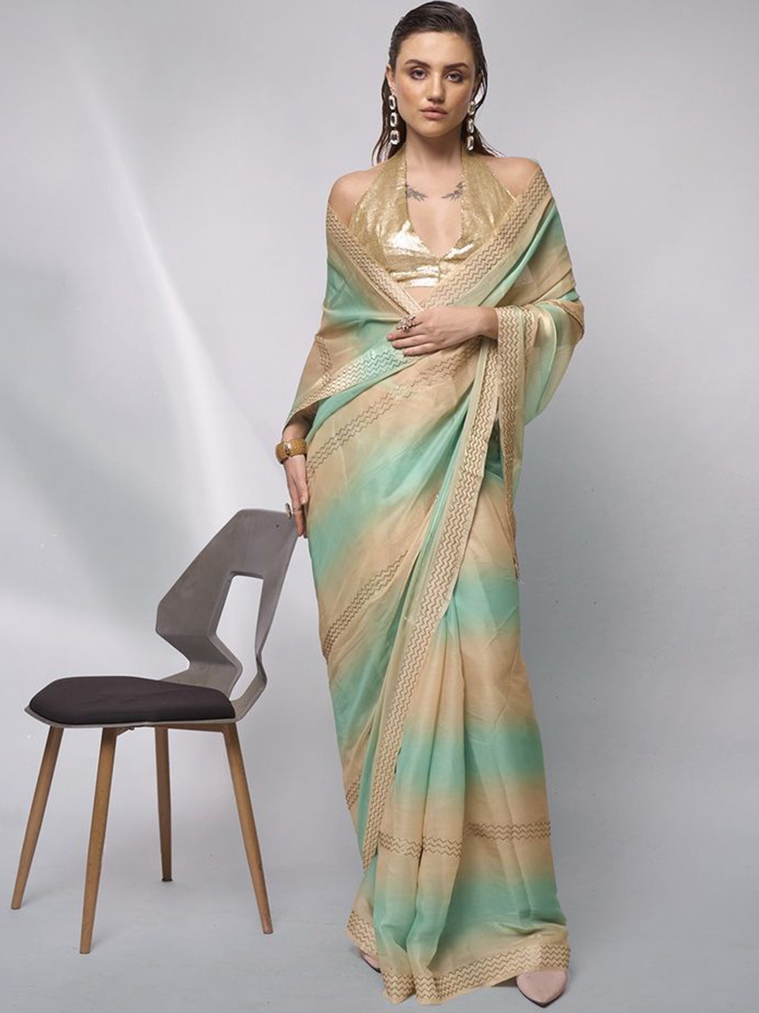 

Kalista Embellished Beads and Stones Organza Ready to Wear Saree, Gold
