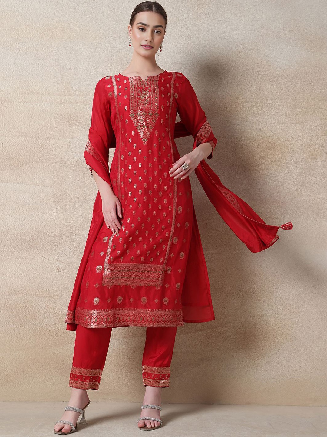 

Rang by Indya Woven Design Beads & Stones Straight Kurta with Trousers & Dupatta, Red