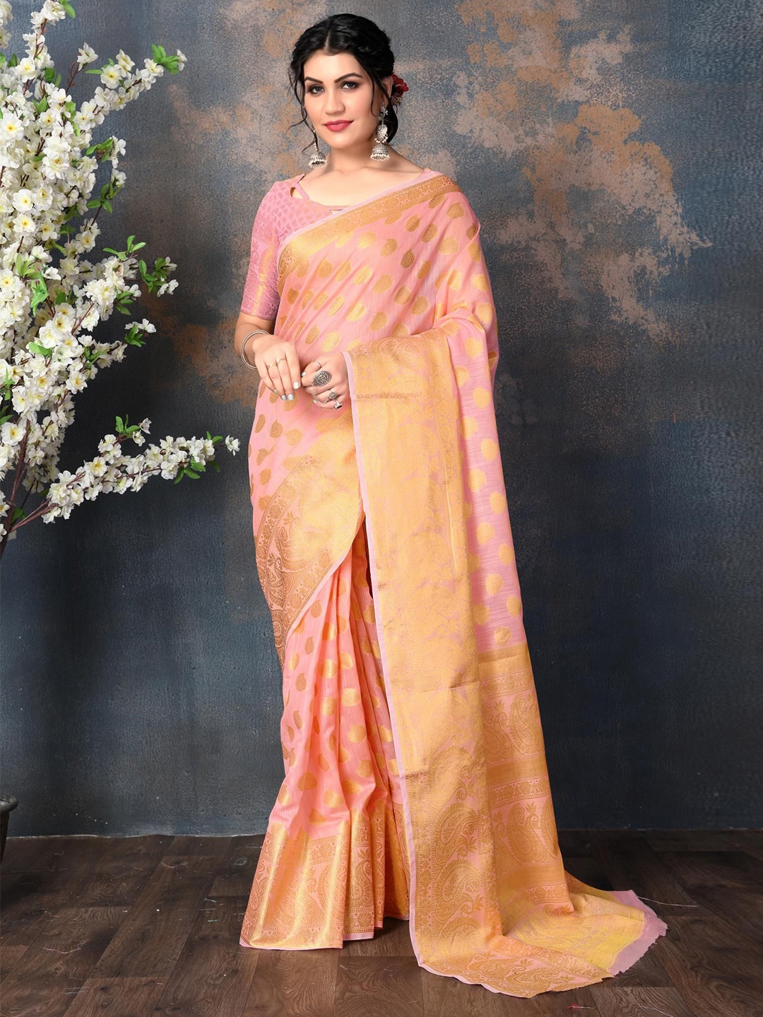

Areca Designer Ethnic Motifs Zari Linen Blend Banarasi Saree, Pink
