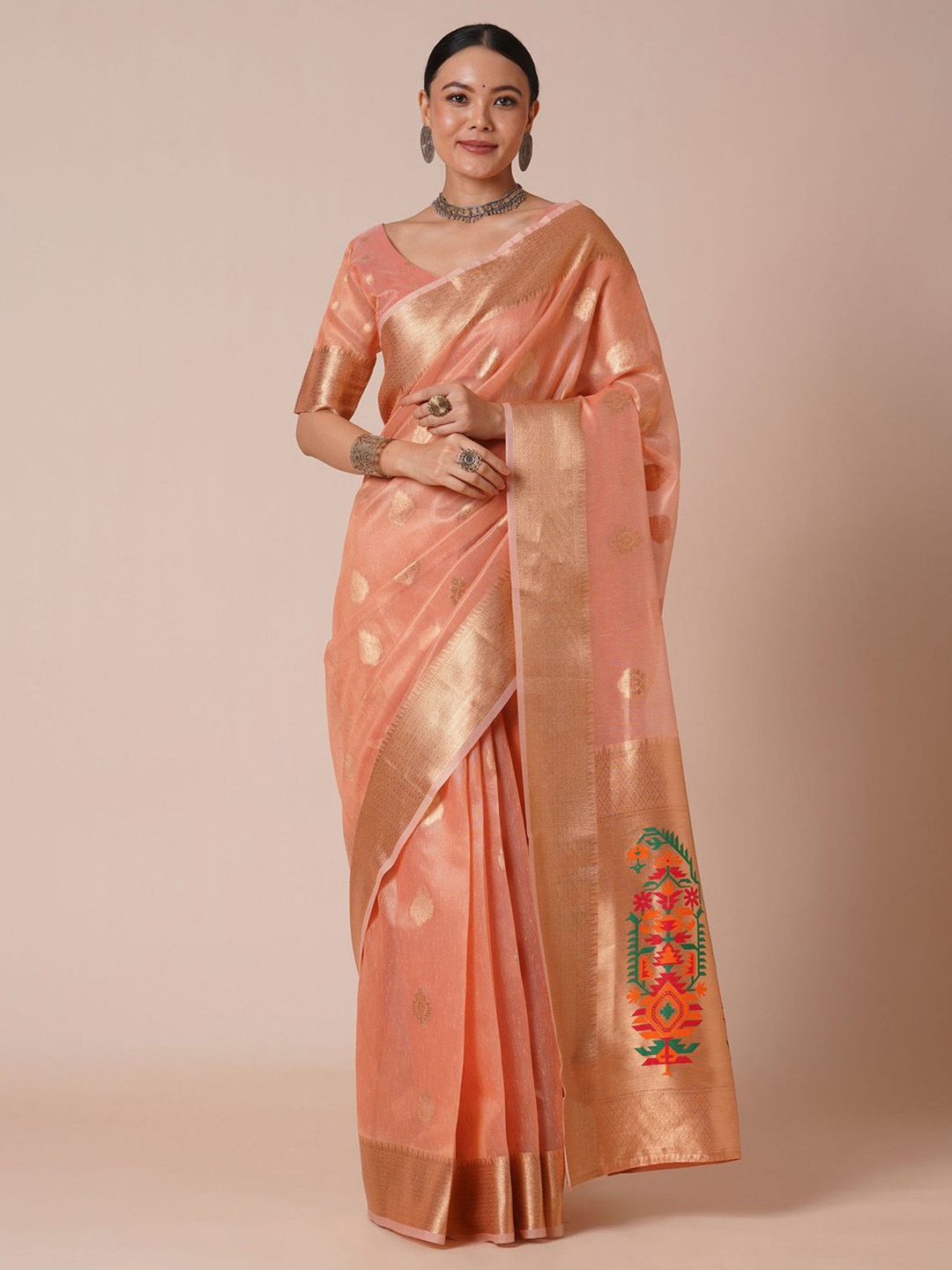 

Anouk Ethnic Motifs Zari Tissue Banarasi Saree, Peach