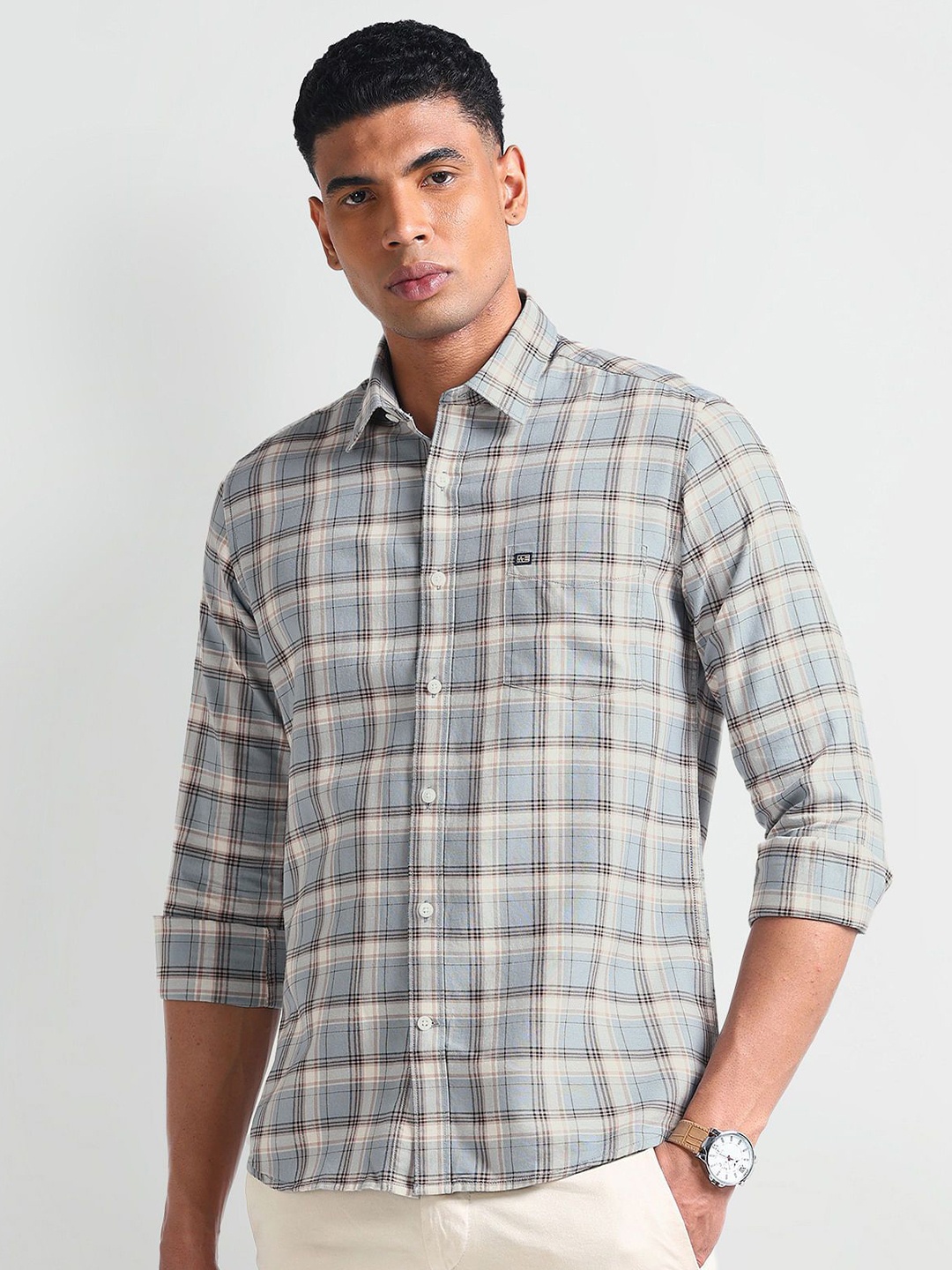 

Arrow Sport Men Slim Fit Tartan Checks Opaque Checked Casual Shirt, Grey