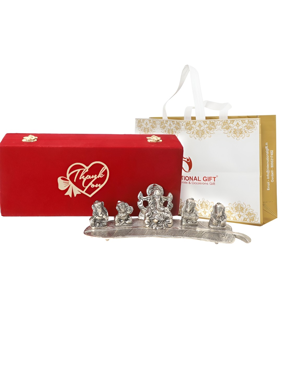 

INTERNATIONAL GIFT Silver-Toned Musical Ganesh Idol with Thank You Tag & Velvet Box