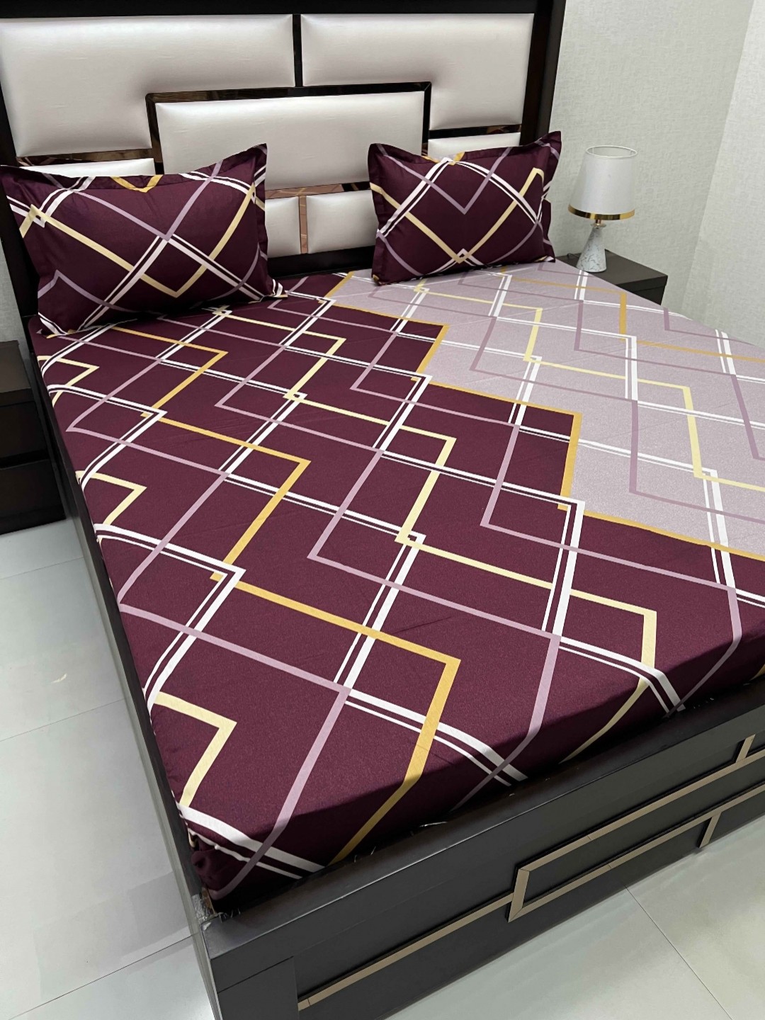 

Pure Decor Maroon Geometric Printed 330 TC Pure Cotton Queen Bedsheet with 2 Pillow Covers