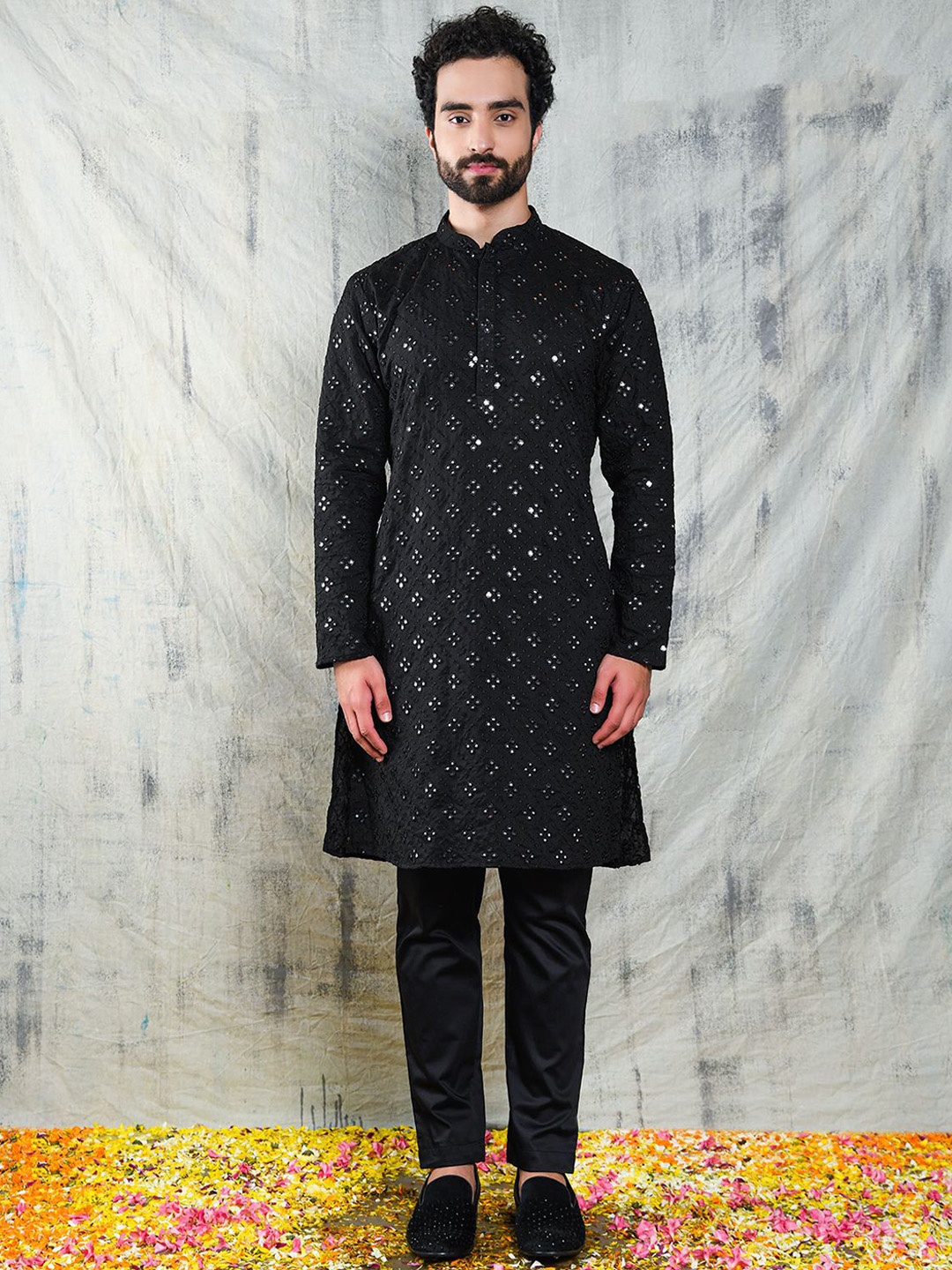 

Be Desi Ethnic Motifs Embroidered Mirror Work Kurta With Trousers, Black