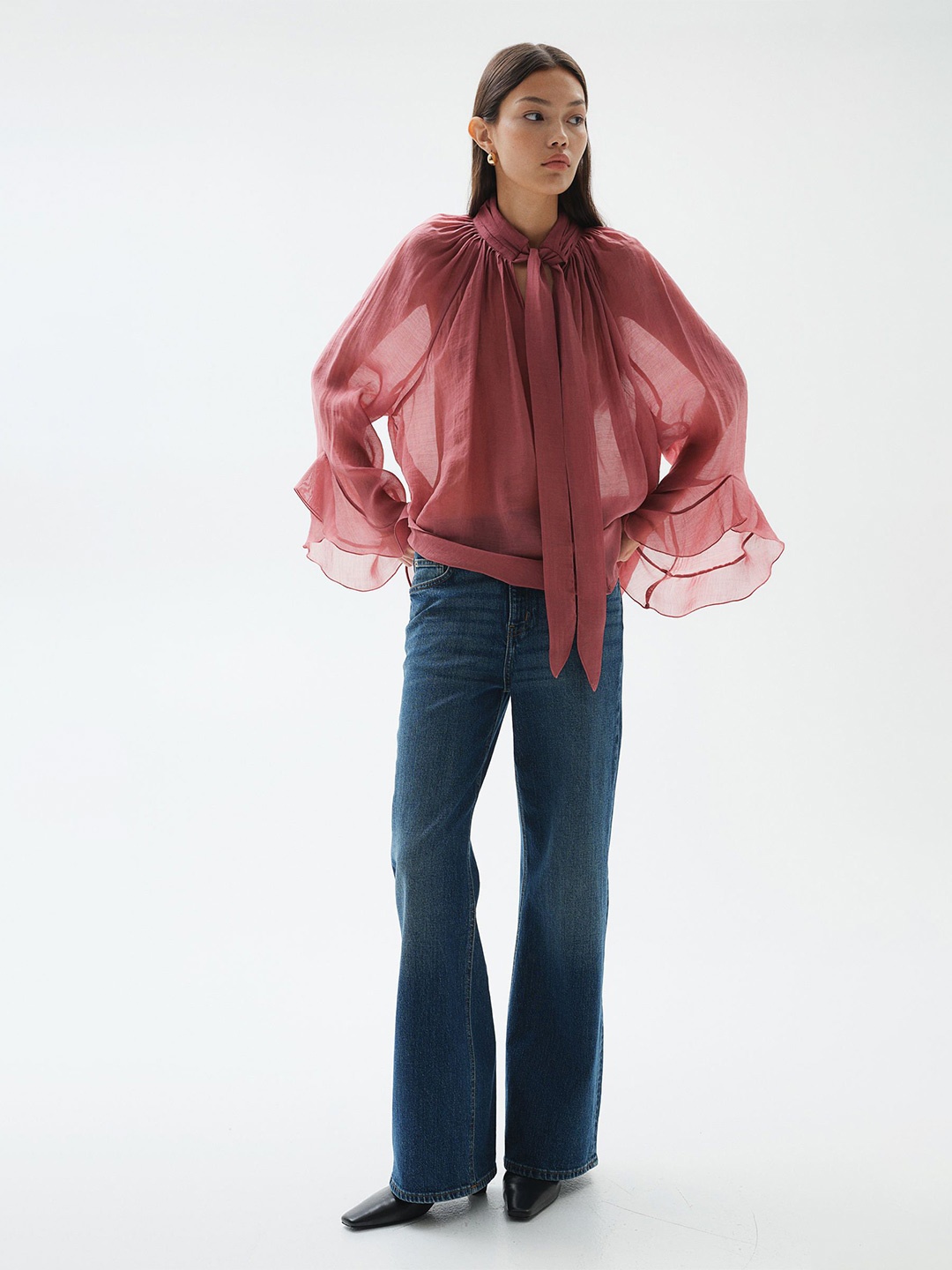 

H&M Sheer Tie-Neck Blouse, Pink