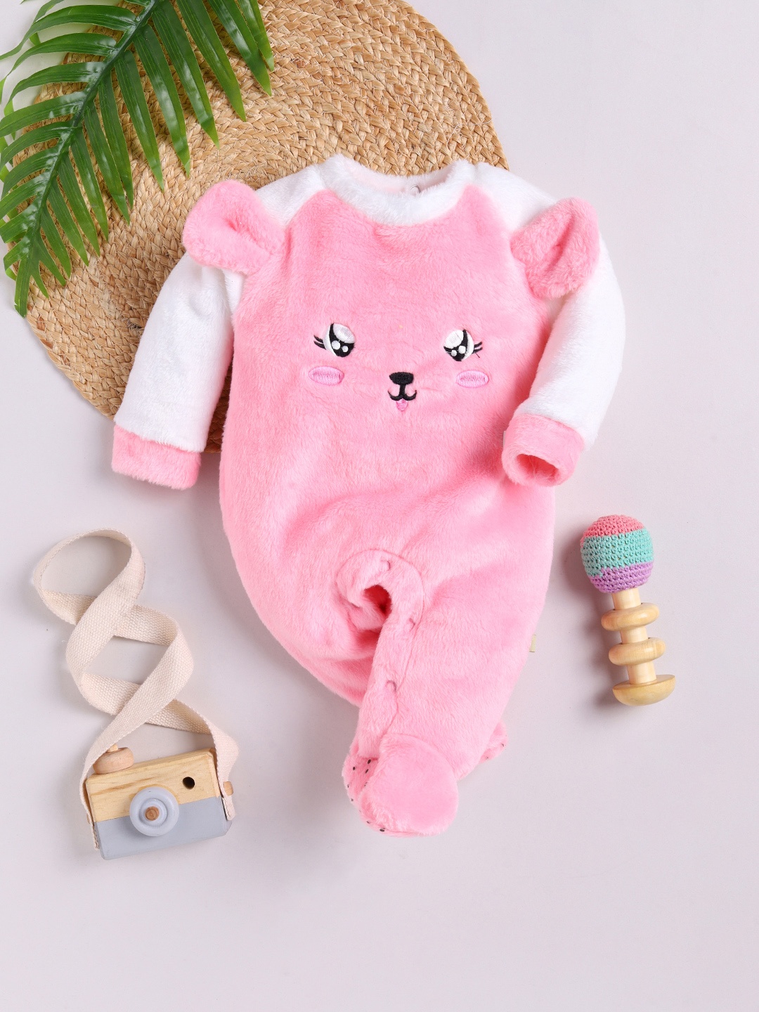 

Moms Love Infant Girls Cotton Faux Fur Embroidered Sleepsuit, Pink