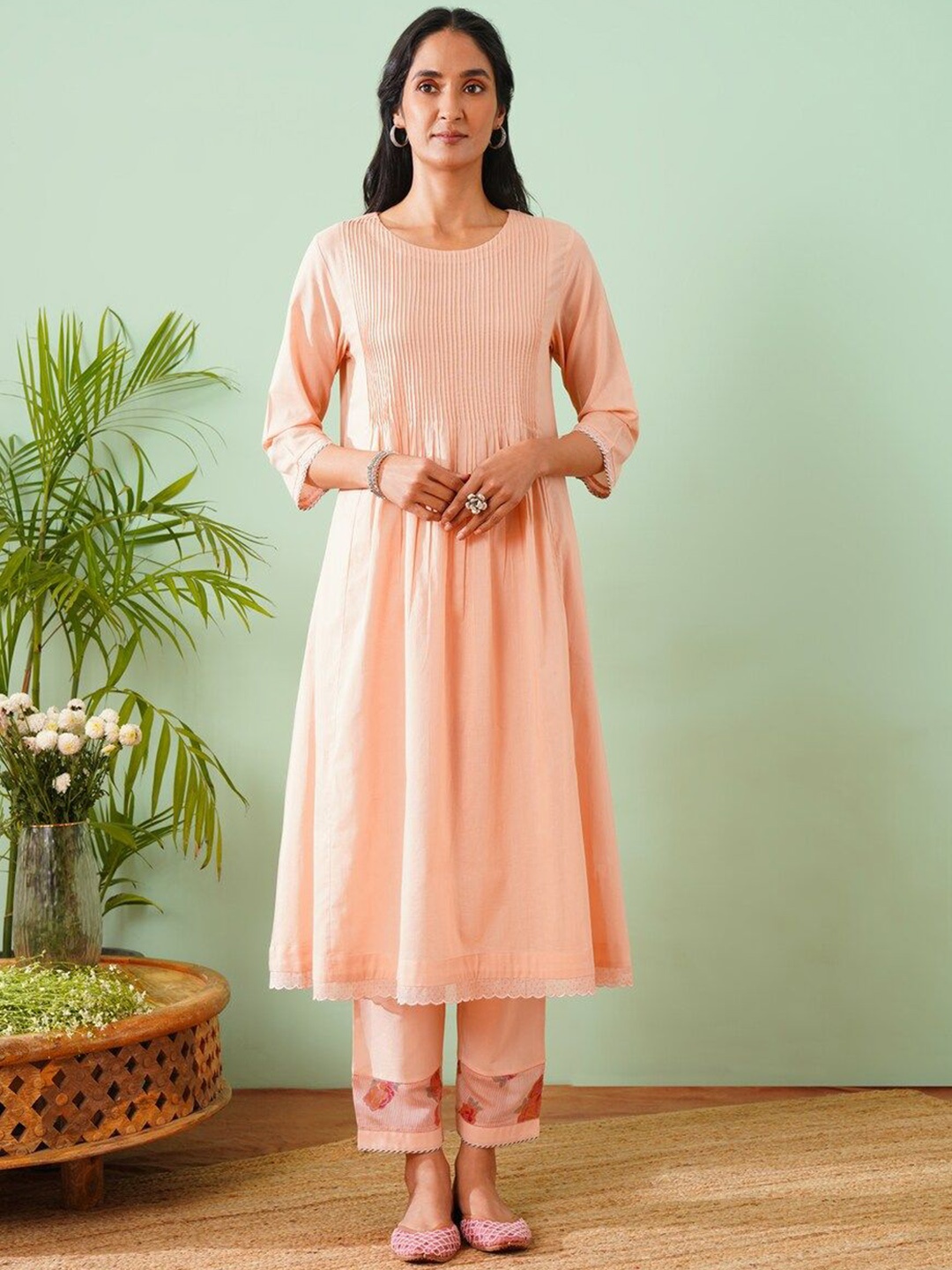 

JAYPORE Striped Pure Cotton A-Line Kurta, Pink