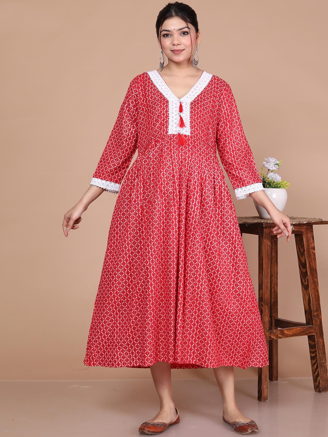 

ANTU KURTIES Geometric Printed Three-Quarter Sleeves Pure Cotton A-Line Ethnic Dress, Red
