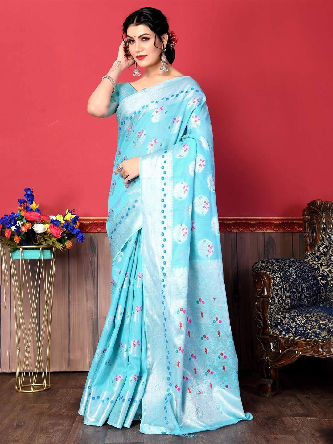 

Areca Designer Ethnic Motifs Zari Linen Blend Banarasi Saree, Turquoise blue