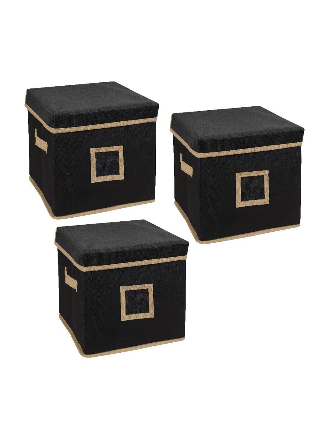 

prettykrafts Black & Beige 3 Pieces Reusable Multi-Utility Organisers With Lid