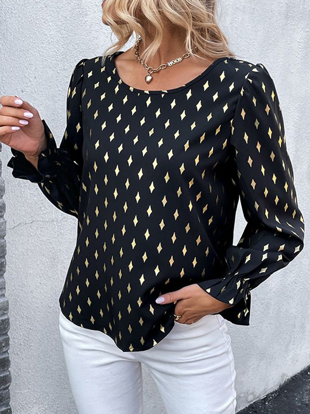 

HERE&NOW Women Polka Dot Printed Boat Neck Top, Black