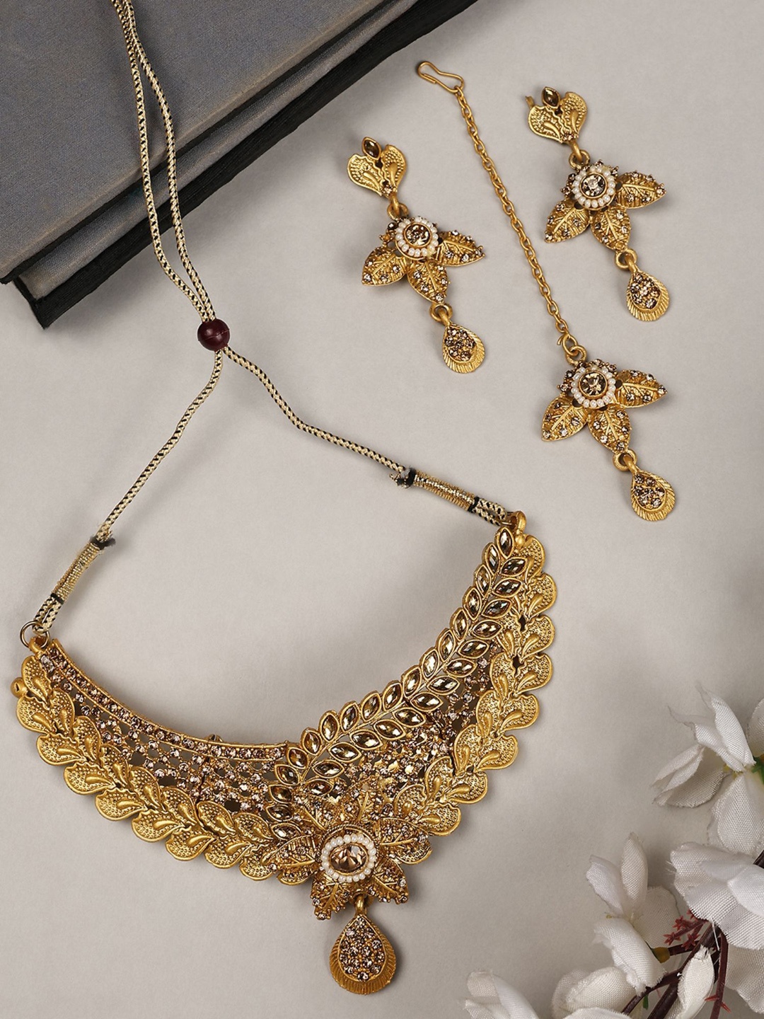 

ANIKAS CREATION Gold-Plated Stone-Studded & Beaded Necklace & Earrings With Maang Tika